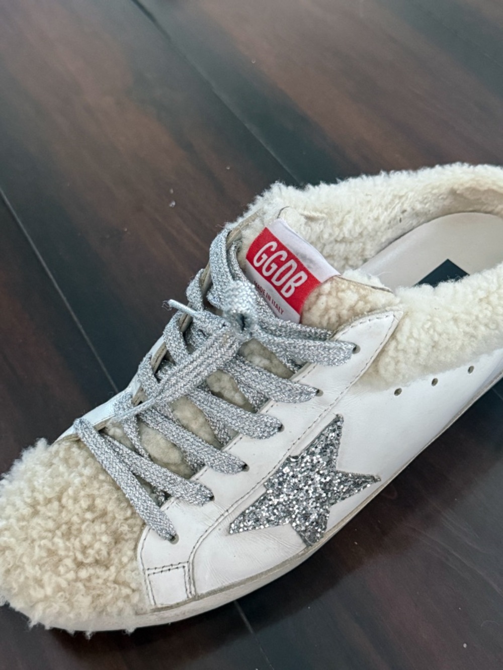 GOLDEN GOOSE SUPER-STAR Shearling-Trim Slip-On Sabot Sneakers Glitter Star - Picture 6 of 11